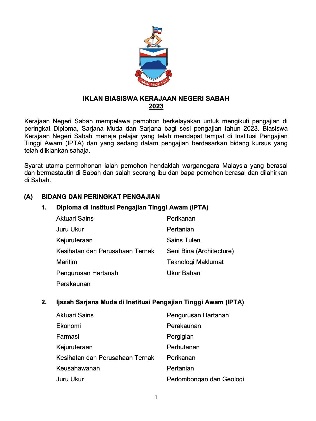 Iklan Biasiswa Kerajaan Negeri Sabah 2023